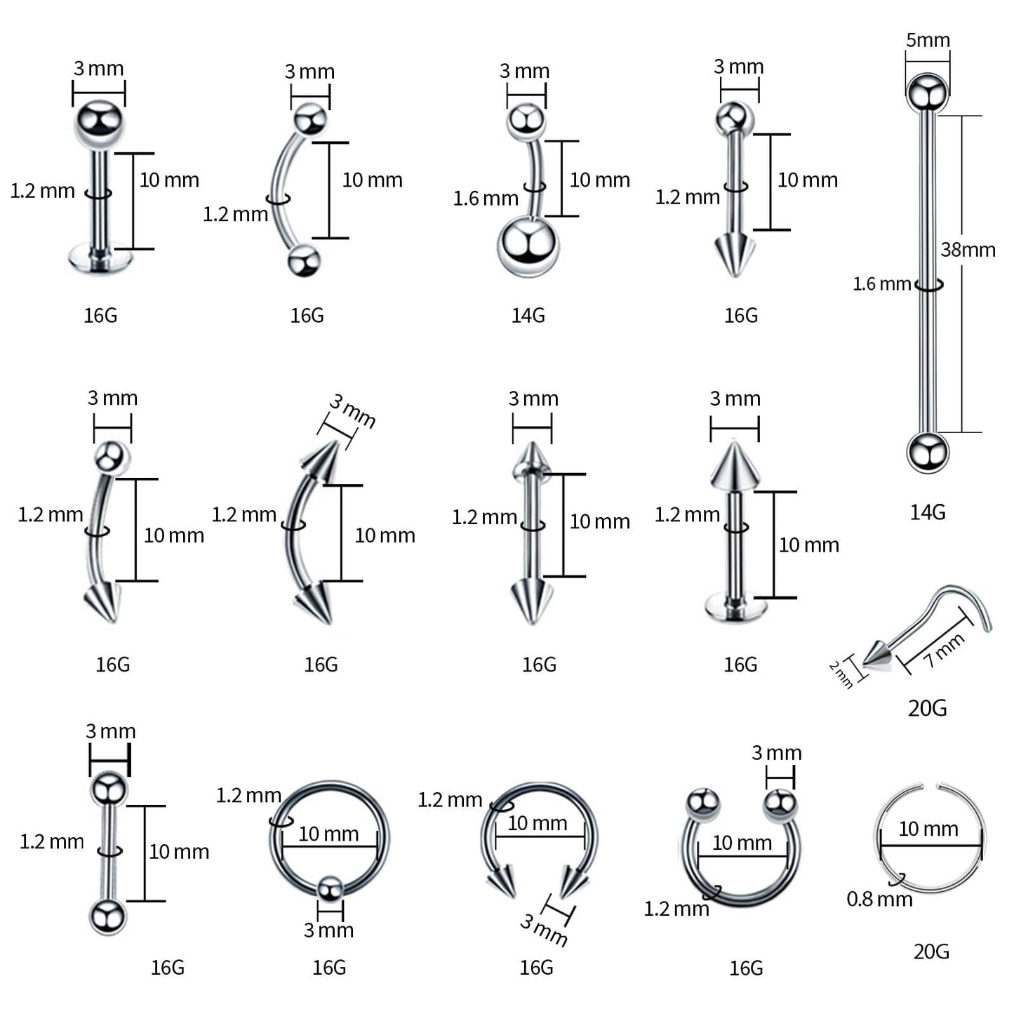 105 Pieces Stainless Steel Piercing Ornaments Gloves Tool Clamp Needles Alcohol Pad Combination Suit Nocturna-Pro
