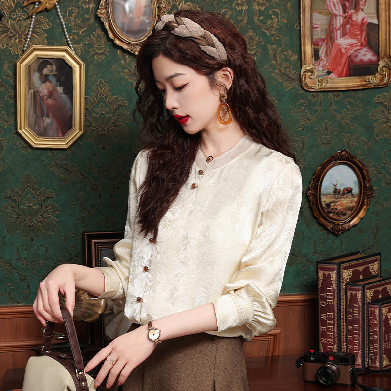 Retro Tang Suit Oblique Placket Long-sleeved Top Nocturna-Pro