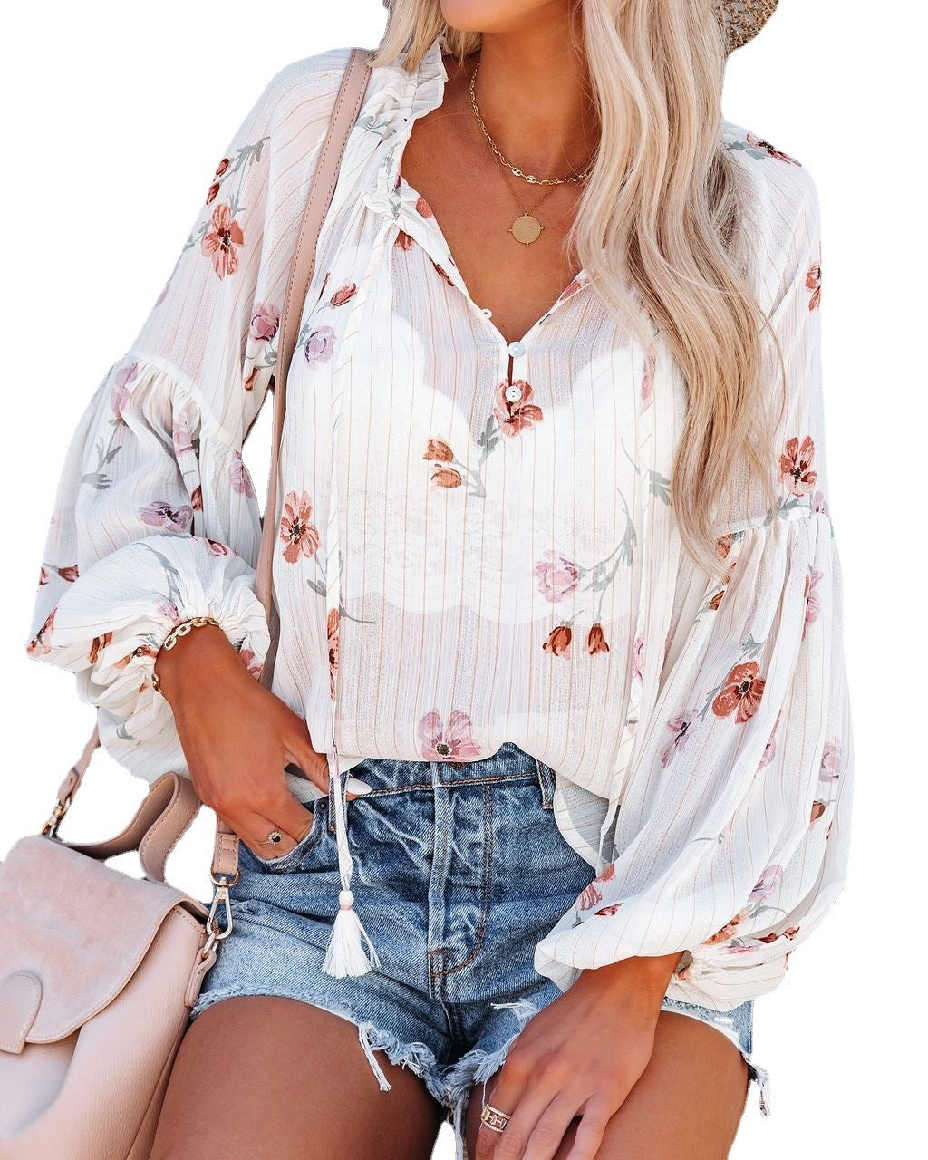 V-neck Lantern Sleeve Retro Chiffon Printed Top Nocturna-Pro