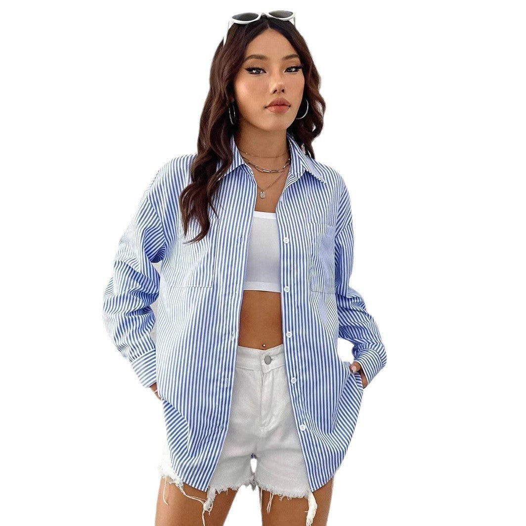 Striped Cardigan Top Loose Casual Long Sleeves Shirt Nocturna-Pro