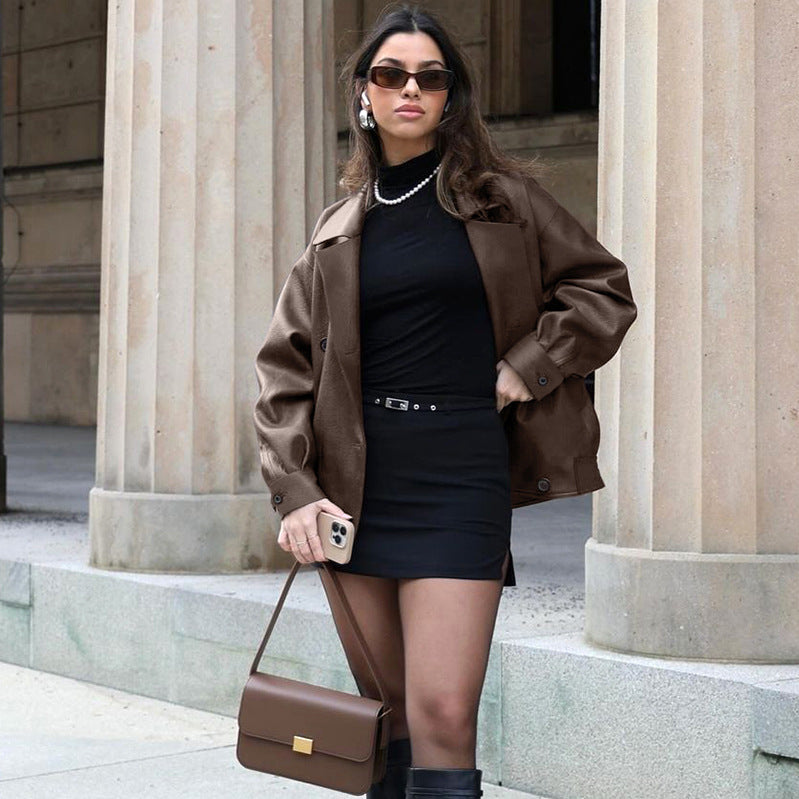 Women's Elegant Suit Collar Loose Leather Coat Nocturna-Pro