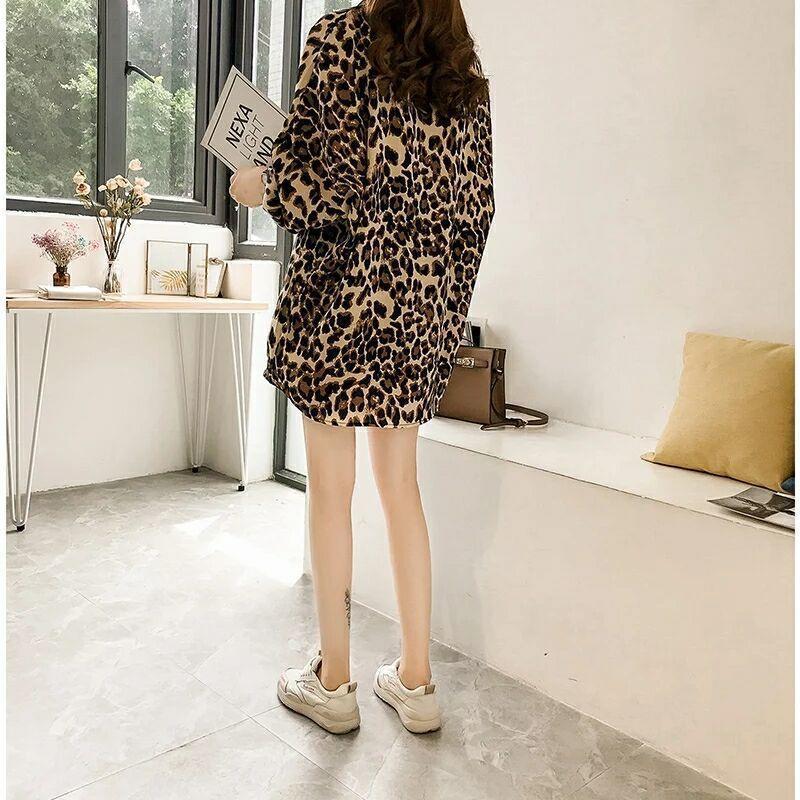 New Stylish Loose Plus Size Leopard Long Sleeve Pattern Mid-length Shirt For Women Nocturna-Pro