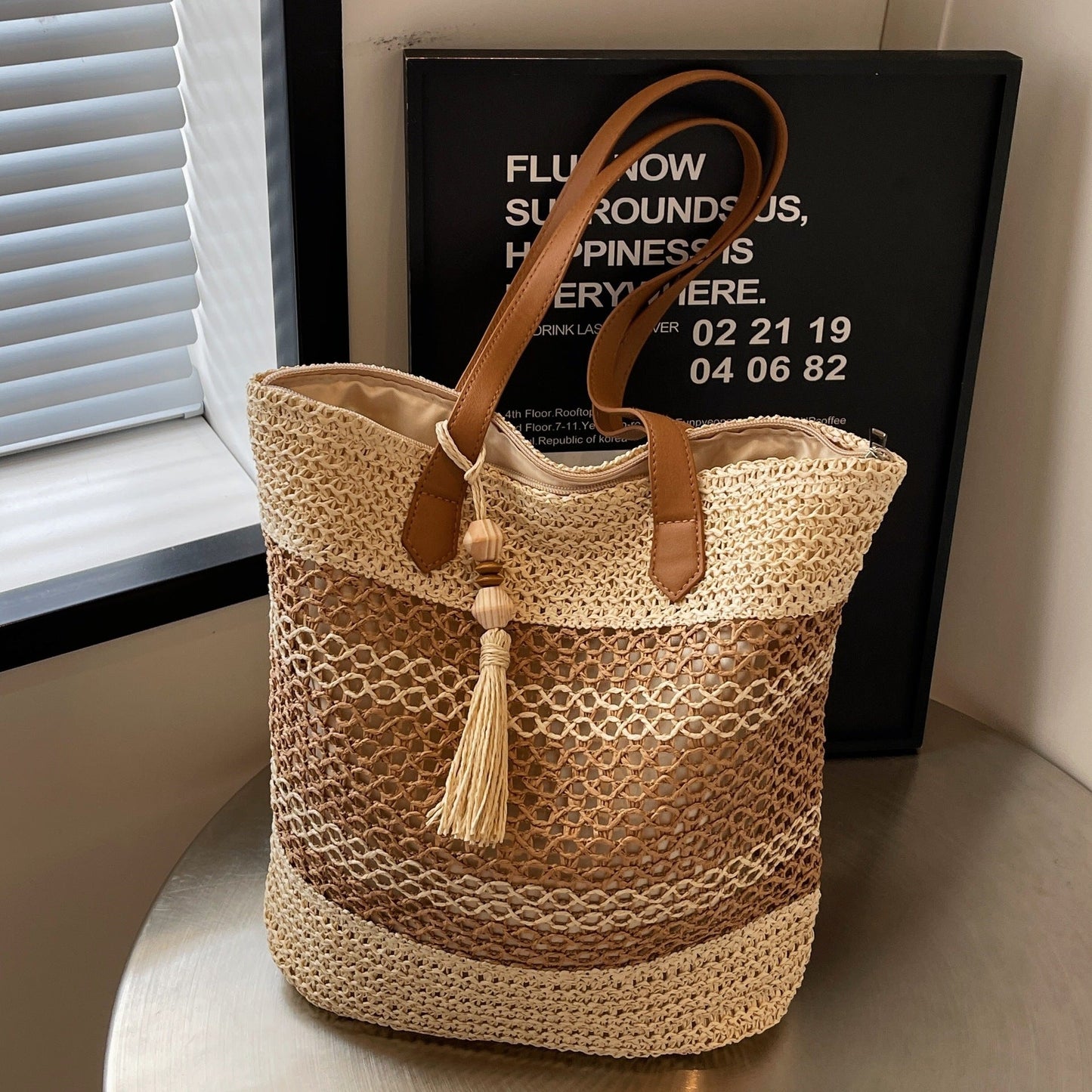 Summer Stripe Straw Sholder Bags With Tassel Pendant Fashion Large Capacity Seaside Vacation Beach Bags Nocturna-Pro