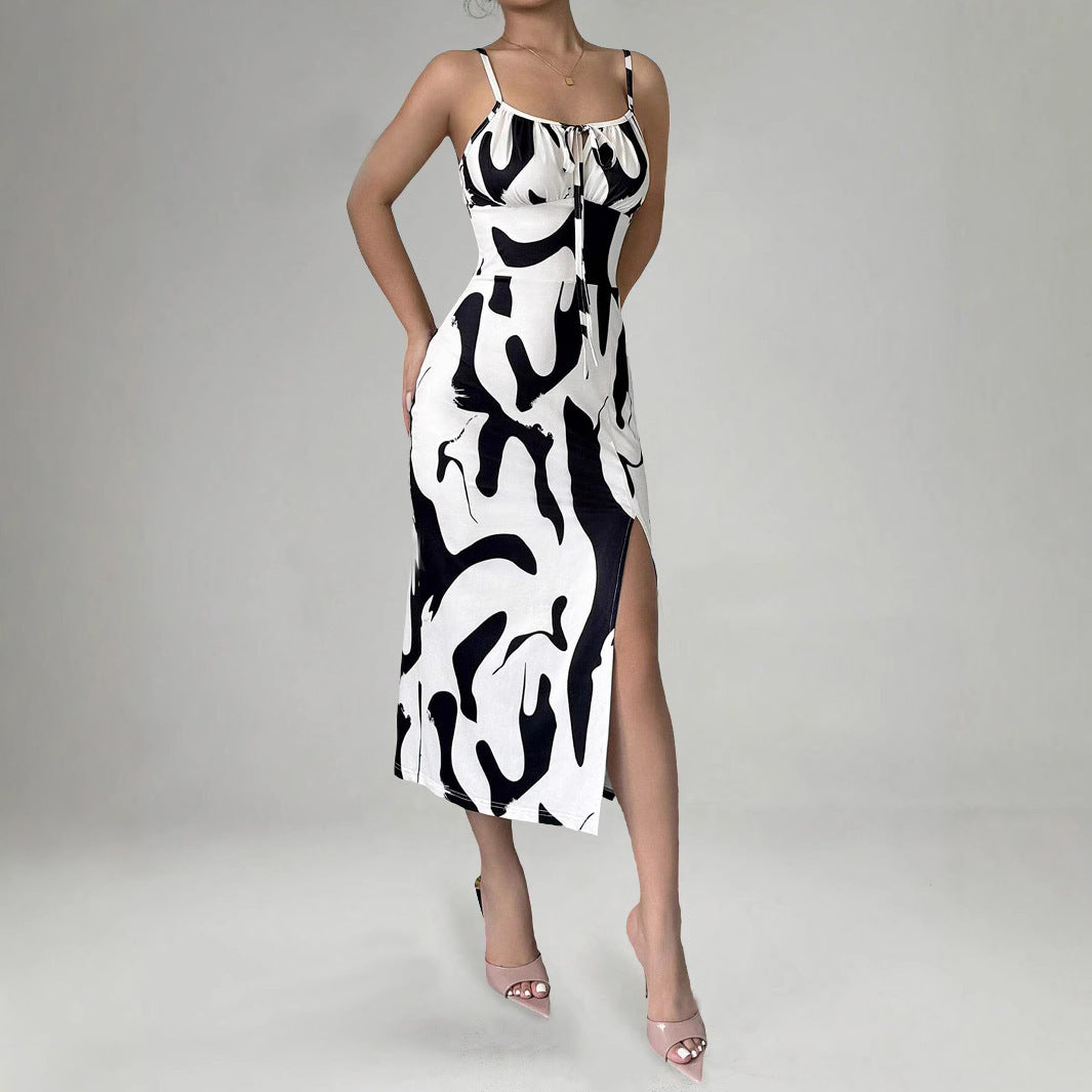 Summer Printed Suspender Split Dress Fashion Slim Lace-up Long Dresses For Women Clothing Nocturna-Pro