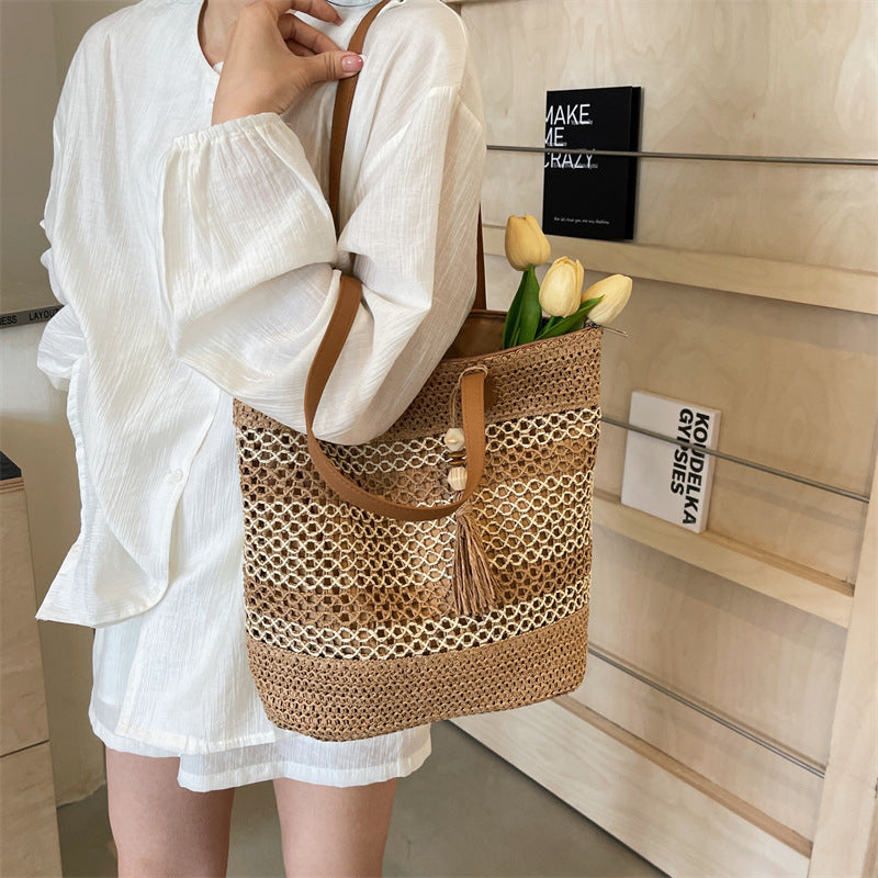 Summer Stripe Straw Sholder Bags With Tassel Pendant Fashion Large Capacity Seaside Vacation Beach Bags Nocturna-Pro