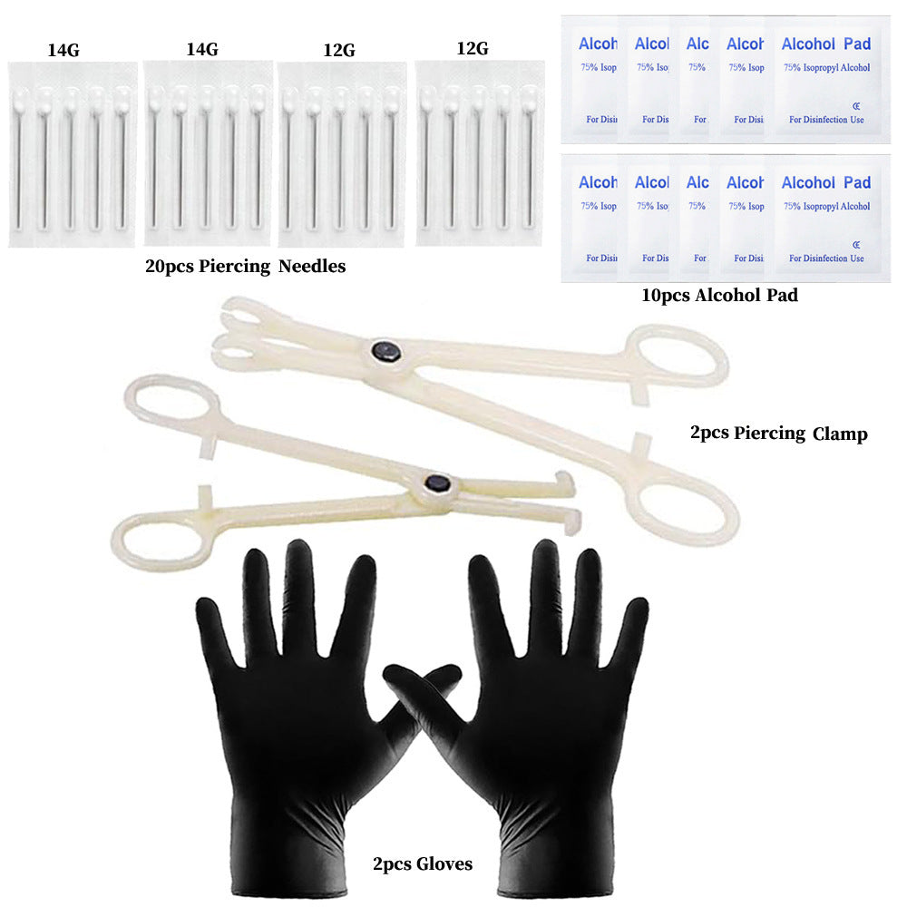 105 Pieces Stainless Steel Piercing Ornaments Gloves Tool Clamp Needles Alcohol Pad Combination Suit Nocturna-Pro
