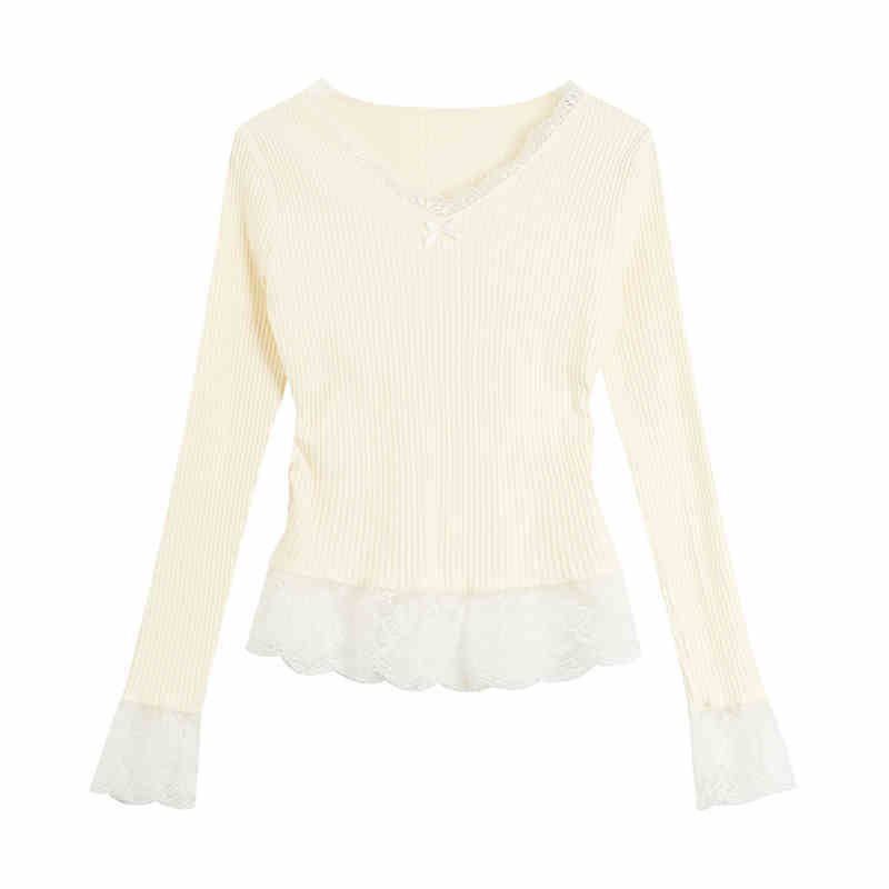Fake Two Pieces V-neck Stitching Lace Lace Knitwear Nocturna-Pro