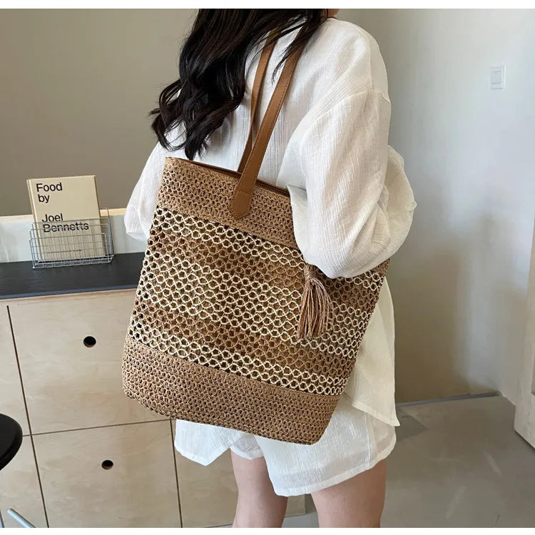 Summer Stripe Straw Sholder Bags With Tassel Pendant Fashion Large Capacity Seaside Vacation Beach Bags Nocturna-Pro