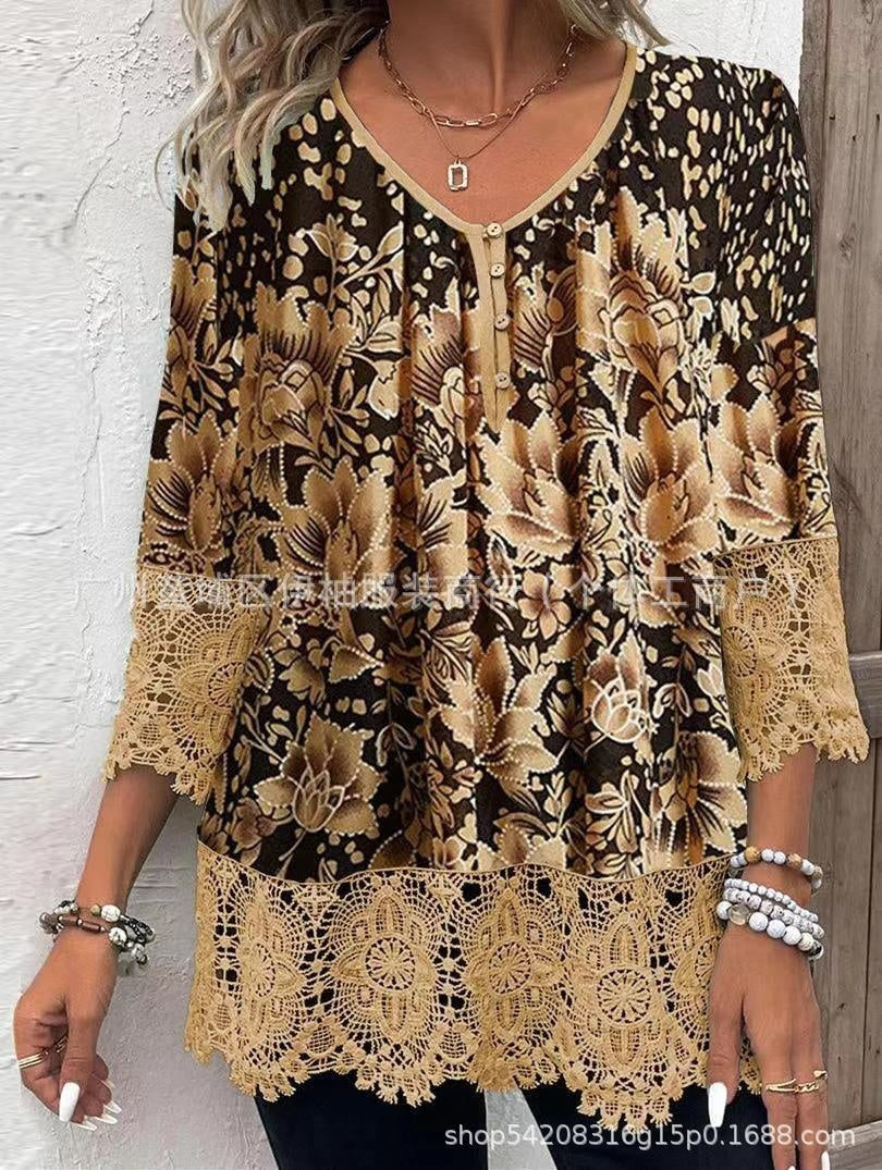 Casual Lace Printed Lace Button Top Nocturna-Pro