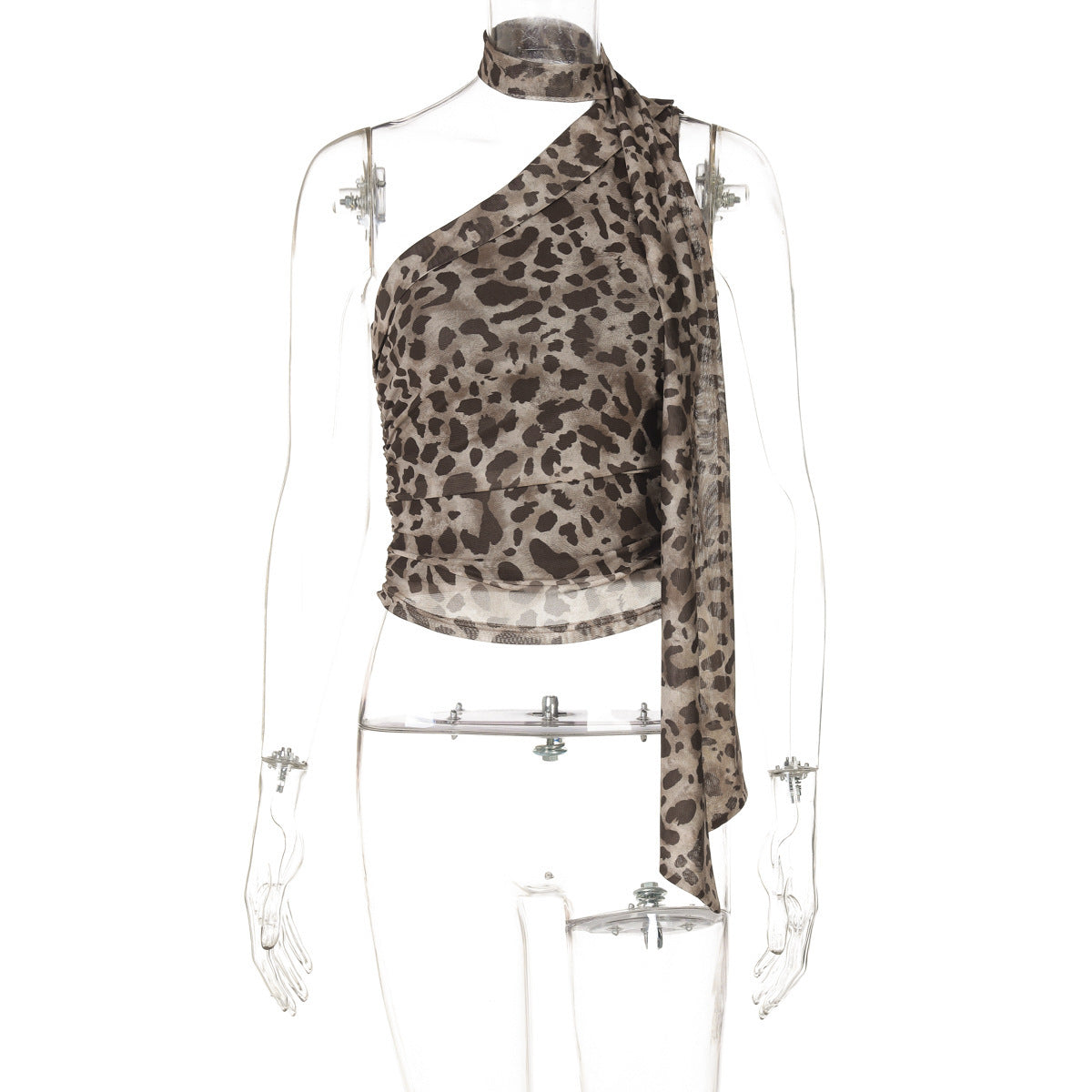 Leopard Print Crossbody Sleeveless Ribbon Short Tight Vest Nocturna-Pro