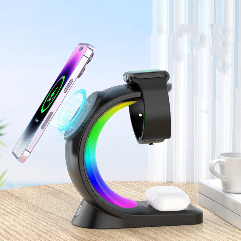 4 In 1 Magnetic Wireless Charger Fast Charging For Smart Phone Atmosphere Light Charging Station For Airpods Pro I-phone Watch Nocturna-Pro