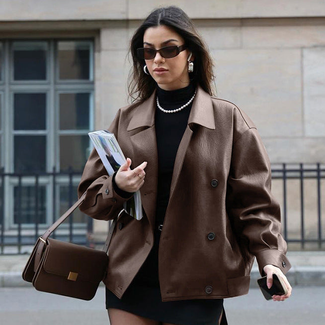 Women's Elegant Suit Collar Loose Leather Coat Nocturna-Pro
