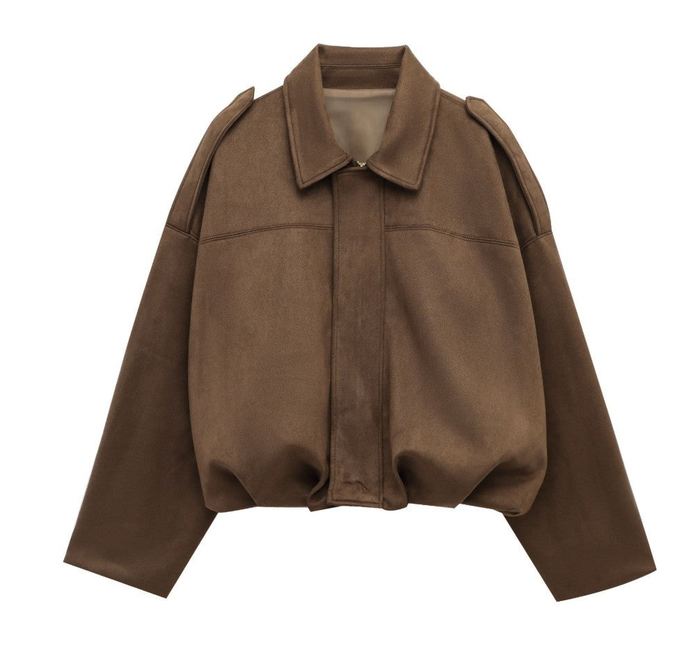 Women's Batwing Sleeve Lapel Suede Texture Effect Pilot Jacket Nocturna-Pro
