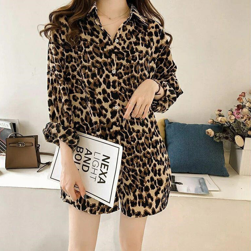 New Stylish Loose Plus Size Leopard Long Sleeve Pattern Mid-length Shirt For Women Nocturna-Pro