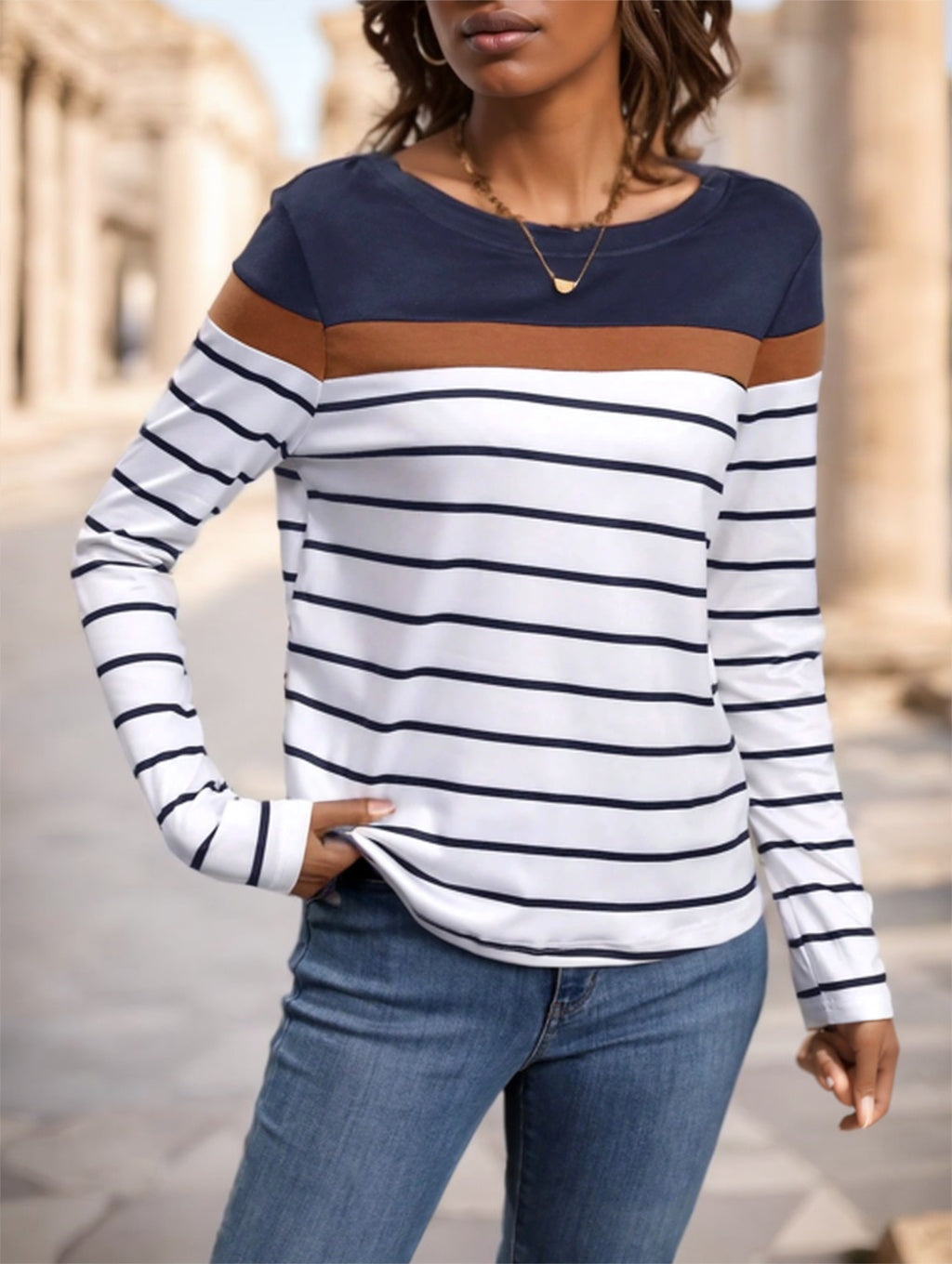 Women's Round Neck Striped Long Sleeve T-Shirt Nocturna-Pro