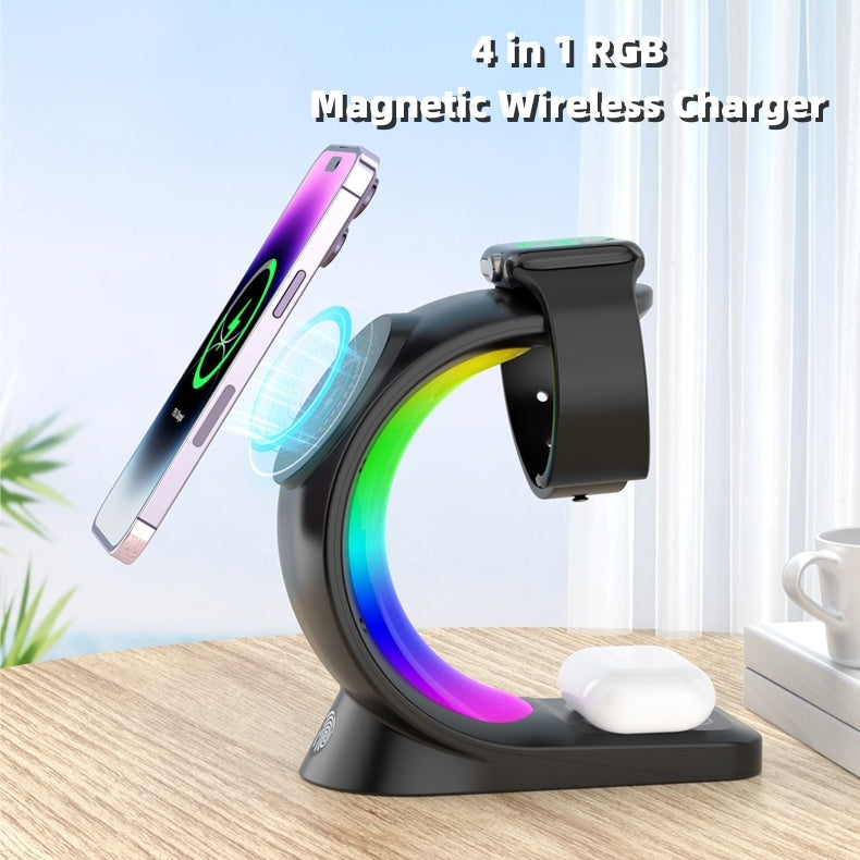 4 In 1 Magnetic Wireless Charger Fast Charging For Smart Phone Atmosphere Light Charging Station For Airpods Pro I-phone Watch Nocturna-Pro