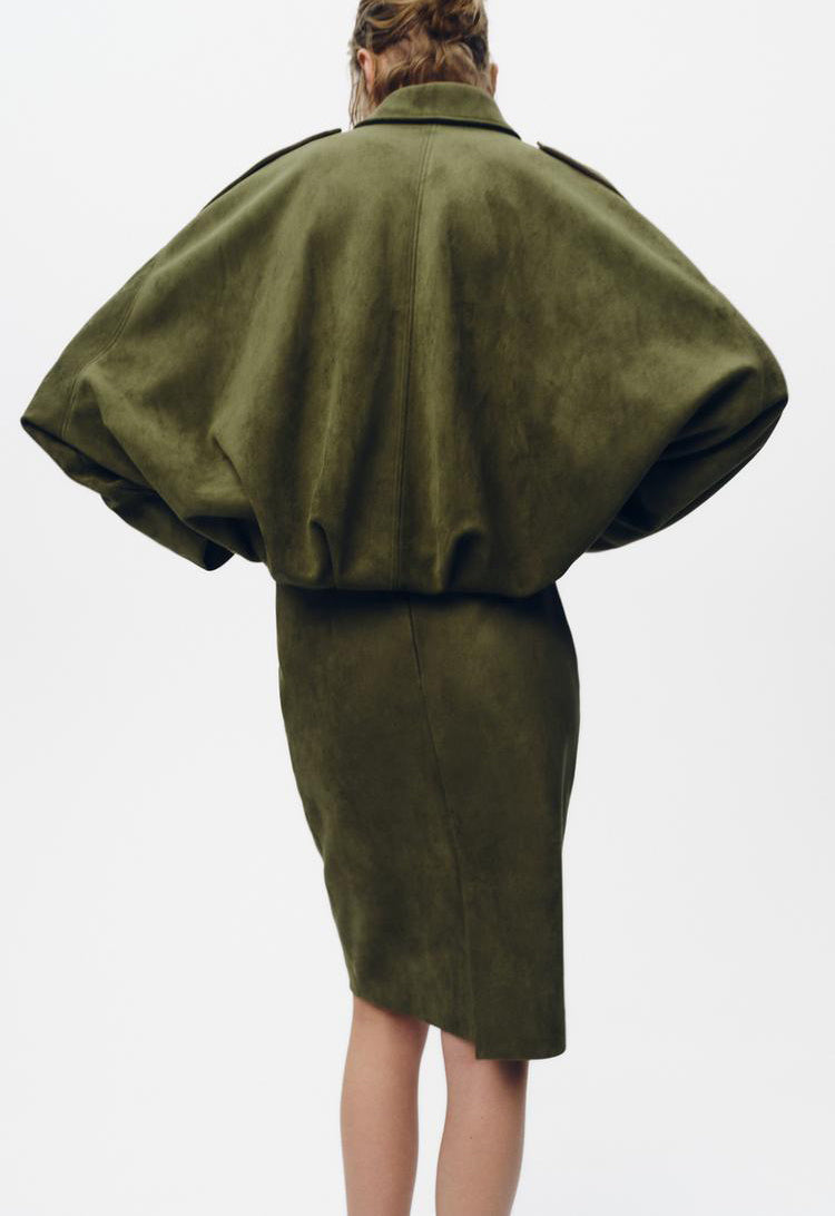 Women's Batwing Sleeve Lapel Suede Texture Effect Pilot Jacket Nocturna-Pro