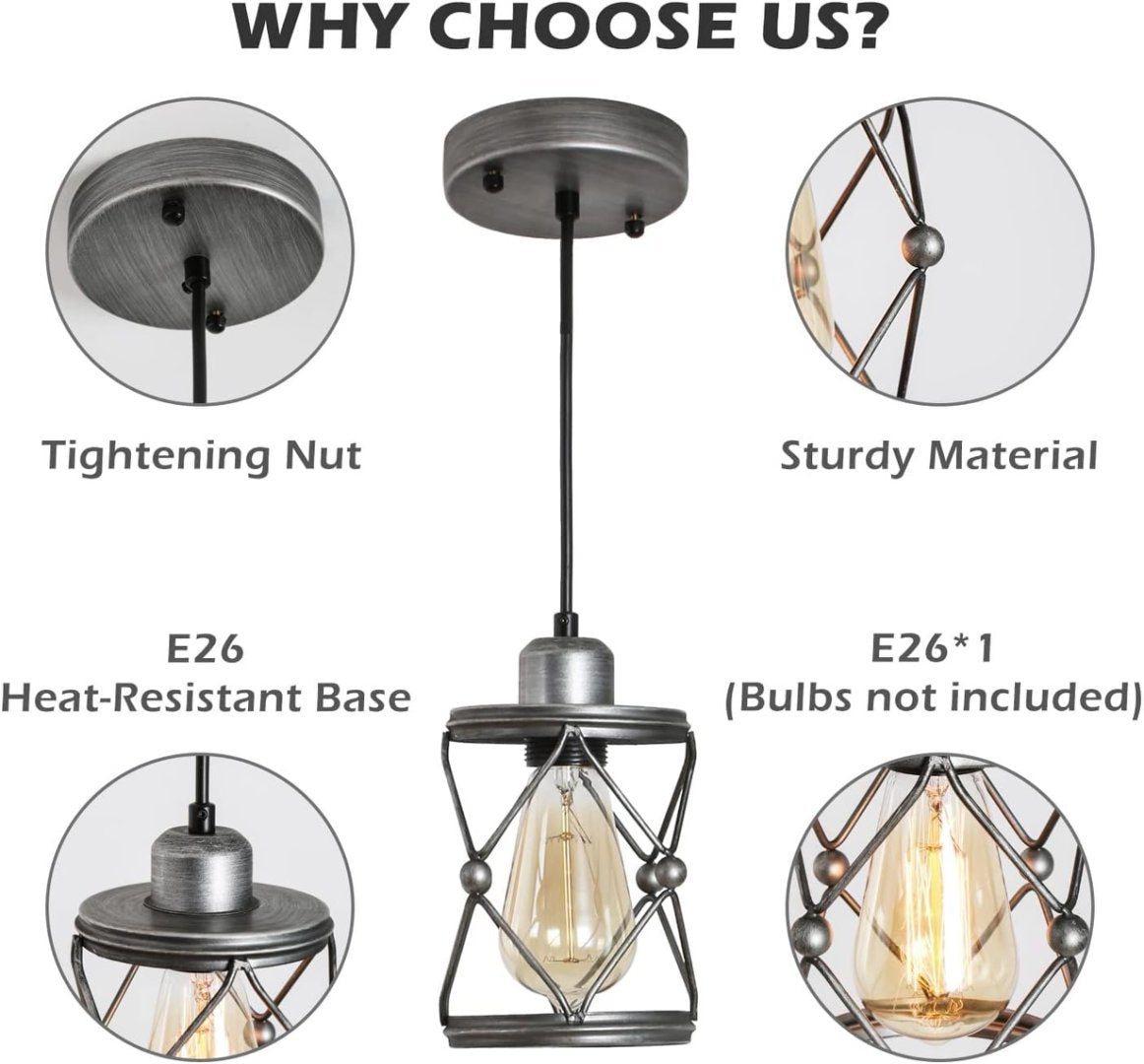 Industrial Pendant Lighting For Kitchen Island, Rustic Mini Cage Pendant Light, Farmhouse Pendant Lamp With Silver Grey Adjustable For Dining Room, Hallway, Entryway, Bedroom Nocturna-Pro