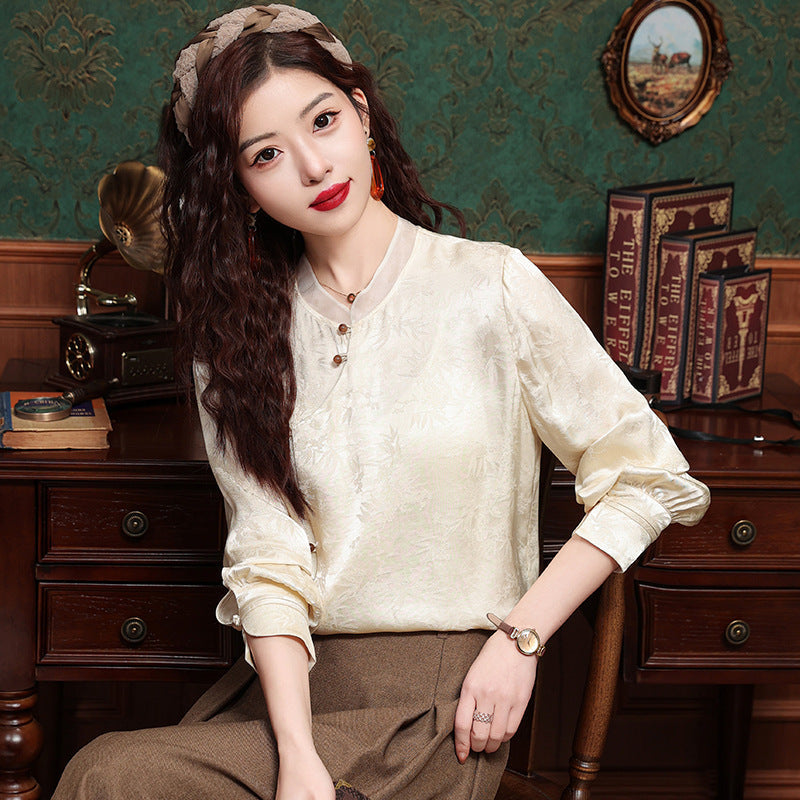 Retro Tang Suit Oblique Placket Long-sleeved Top Nocturna-Pro