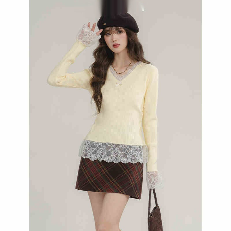 Fake Two Pieces V-neck Stitching Lace Lace Knitwear Nocturna-Pro