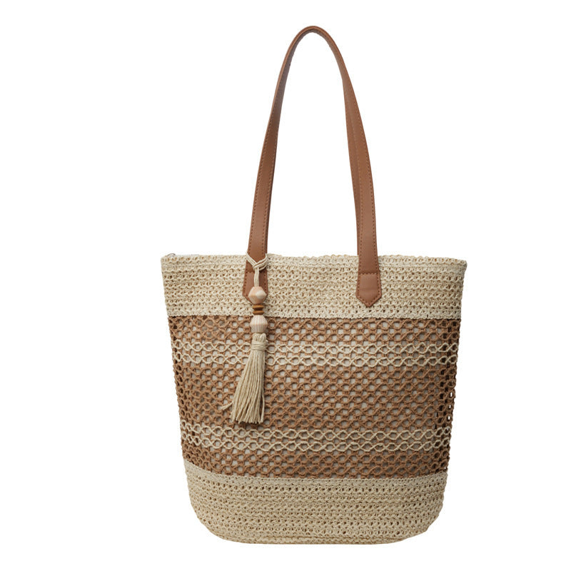 Summer Stripe Straw Sholder Bags With Tassel Pendant Fashion Large Capacity Seaside Vacation Beach Bags Nocturna-Pro