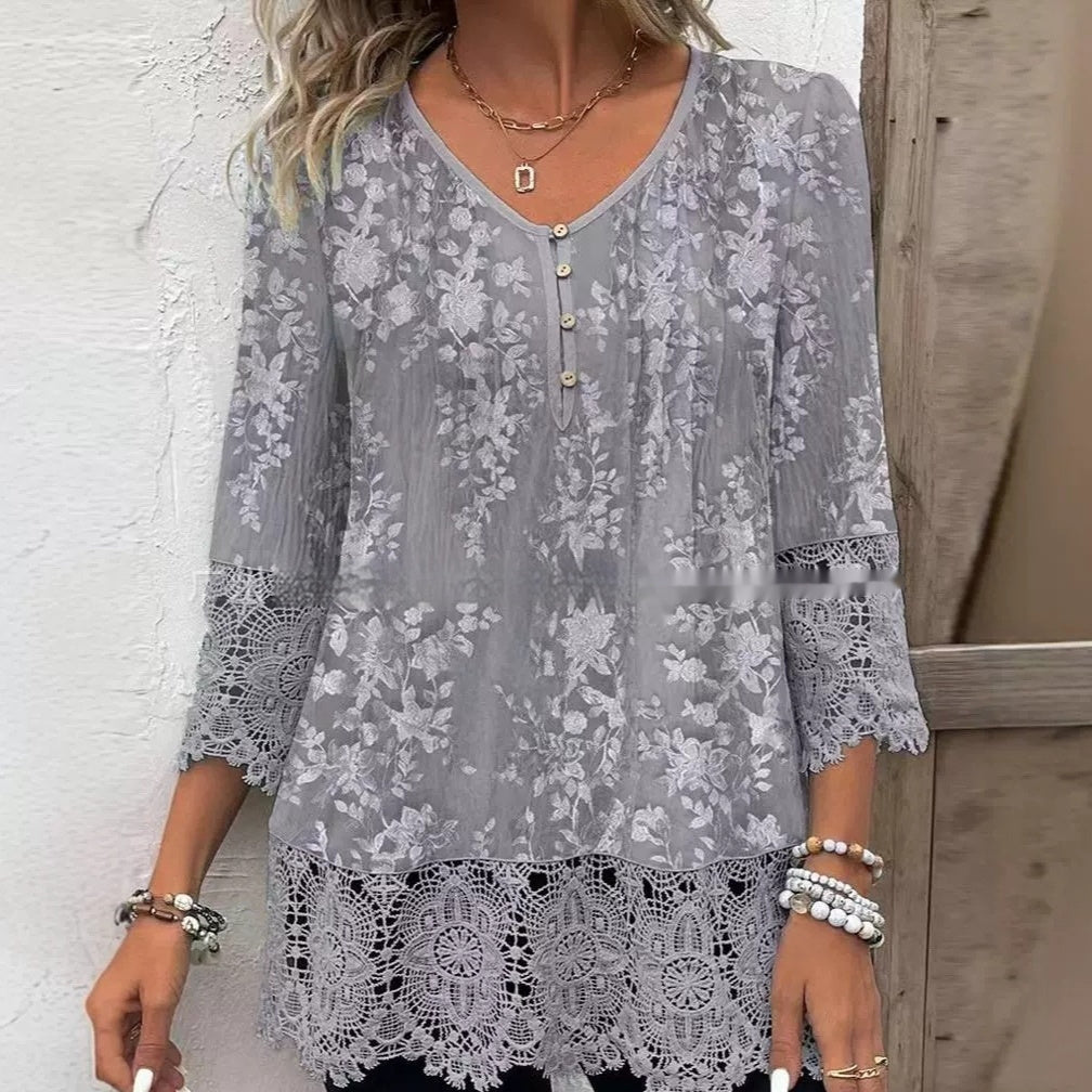 Casual Lace Printed Lace Button Top Nocturna-Pro