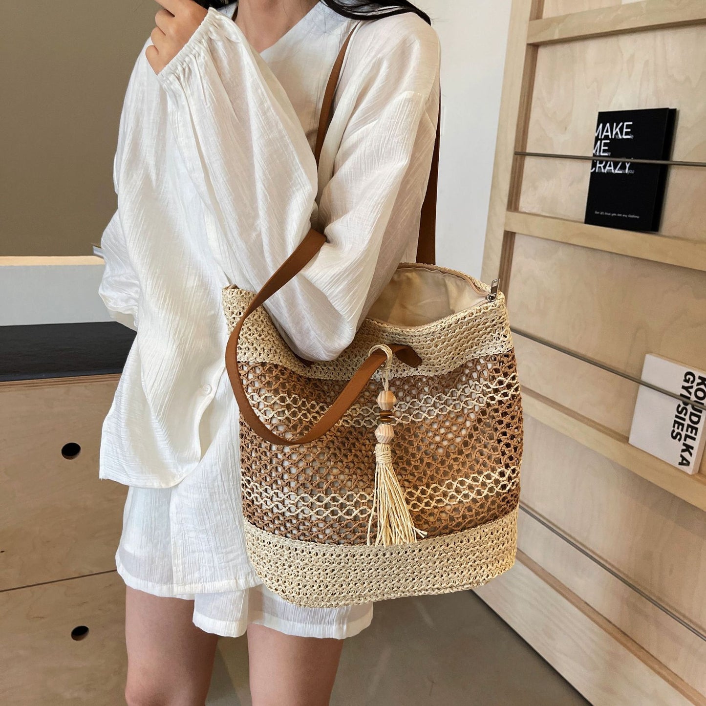 Summer Stripe Straw Sholder Bags With Tassel Pendant Fashion Large Capacity Seaside Vacation Beach Bags Nocturna-Pro