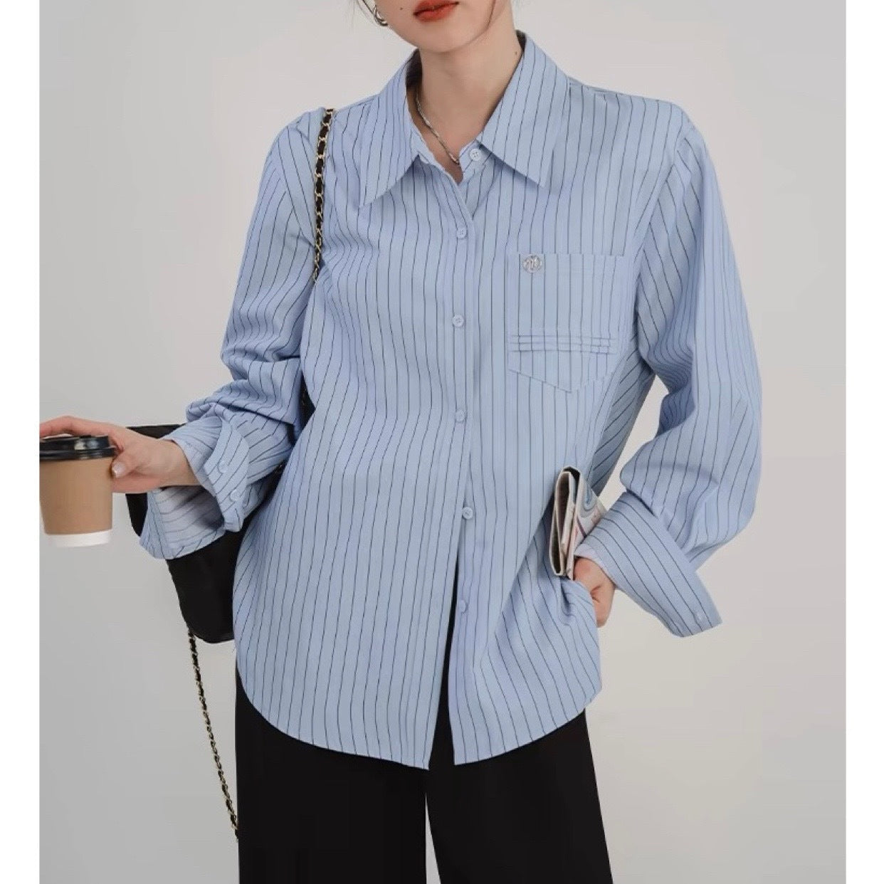 Blue Minimalist Preppy Shirt Women's Loose Slimming Nocturna-Pro
