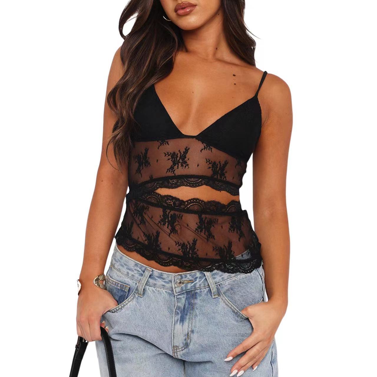 Lace Stitched Backless Small Sling Women V Neck Tank Top Underwear Vest Candy Color Bralette Clothes Nocturna-Pro