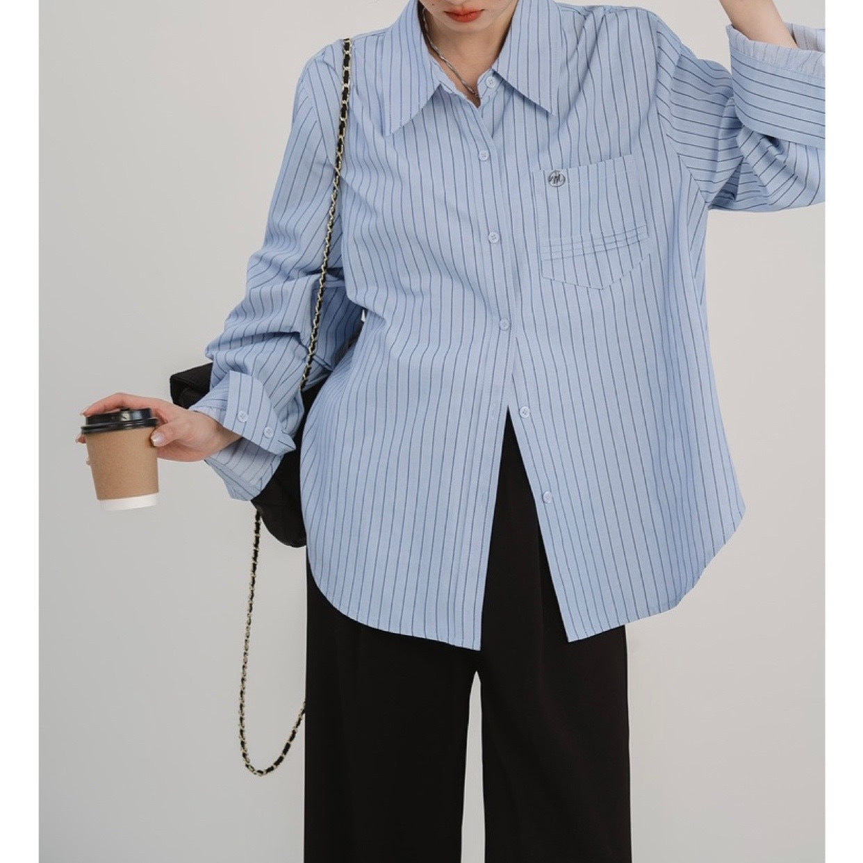 Blue Minimalist Preppy Shirt Women's Loose Slimming Nocturna-Pro