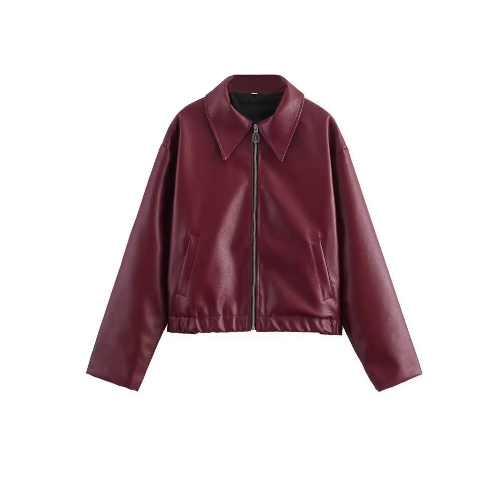 Women's Lapel Long Sleeve Leather Coat Nocturna-Pro