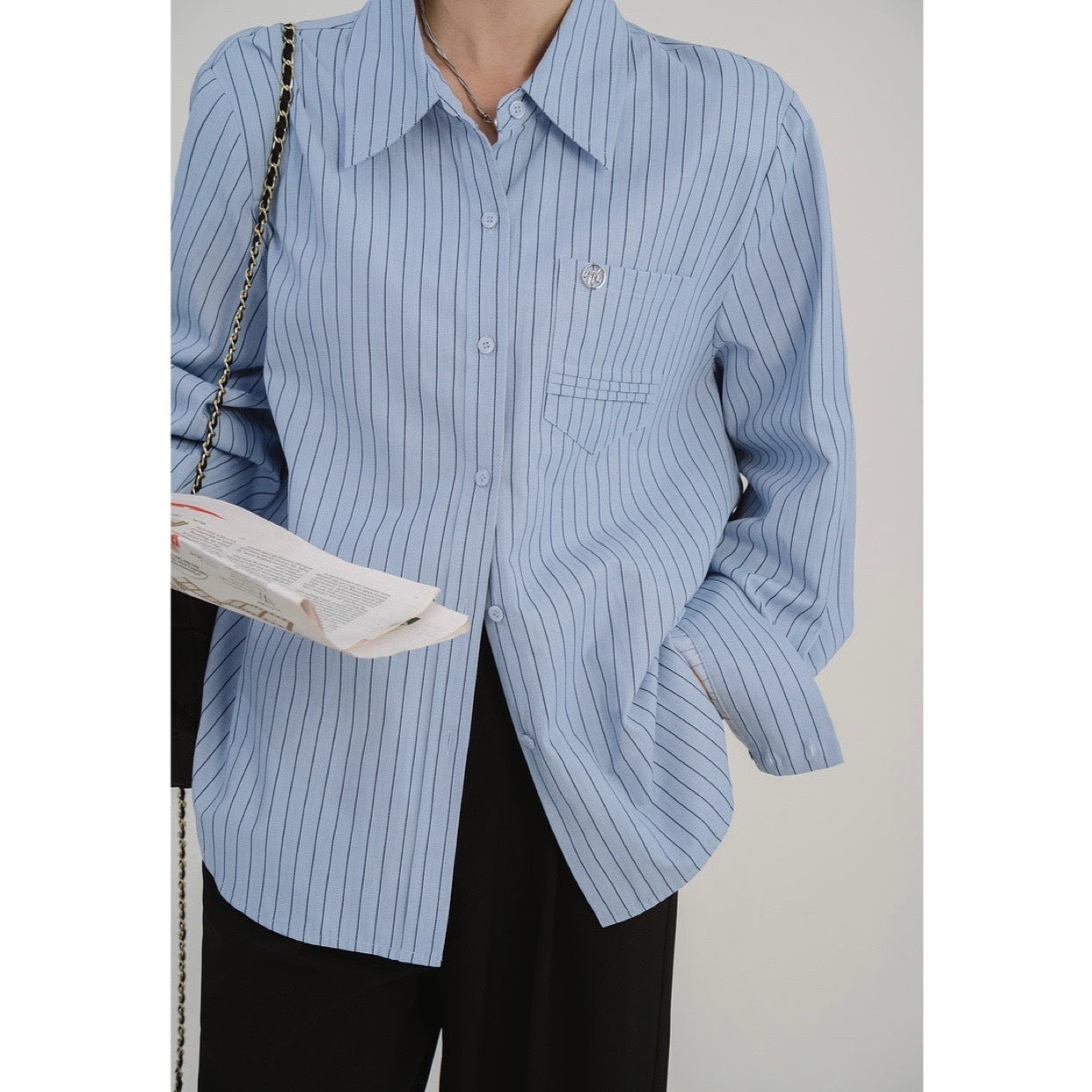 Blue Minimalist Preppy Shirt Women's Loose Slimming Nocturna-Pro