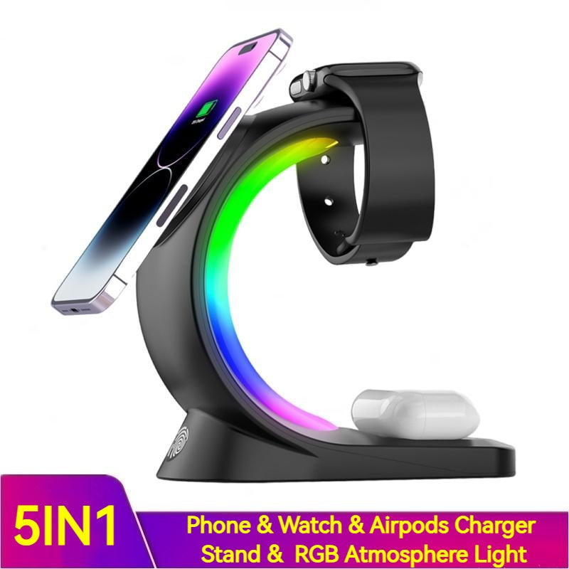 4 In 1 Magnetic Wireless Charger Fast Charging For Smart Phone Atmosphere Light Charging Station For Airpods Pro I-phone Watch Nocturna-Pro