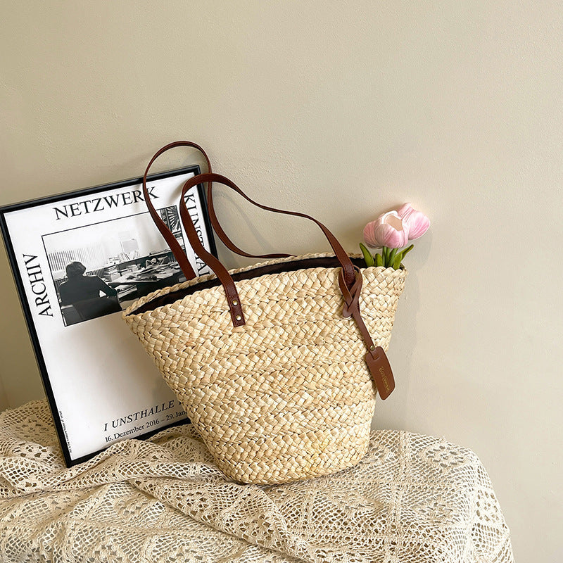 Large Capacity Straw Woven Bag Women's Woven Portable Vegetable Basket Bag Nocturna-Pro