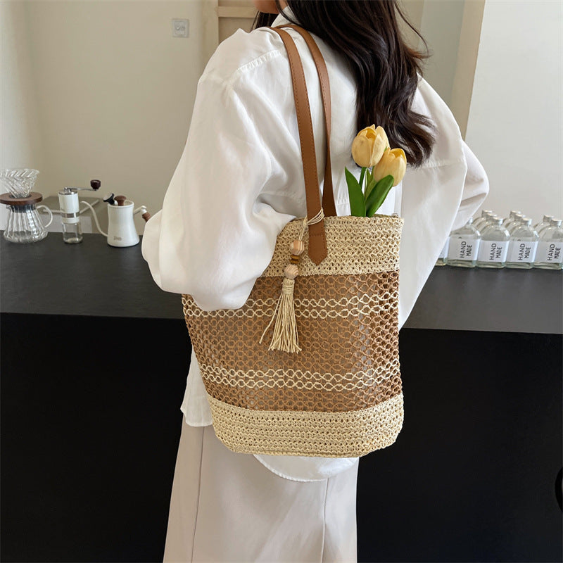 Summer Stripe Straw Sholder Bags With Tassel Pendant Fashion Large Capacity Seaside Vacation Beach Bags Nocturna-Pro