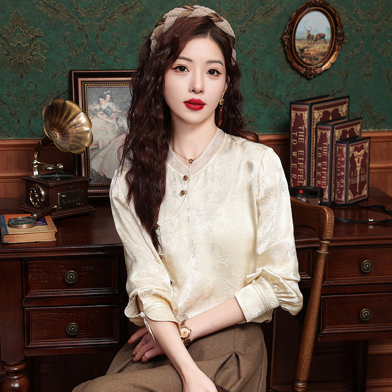 Retro Tang Suit Oblique Placket Long-sleeved Top Nocturna-Pro