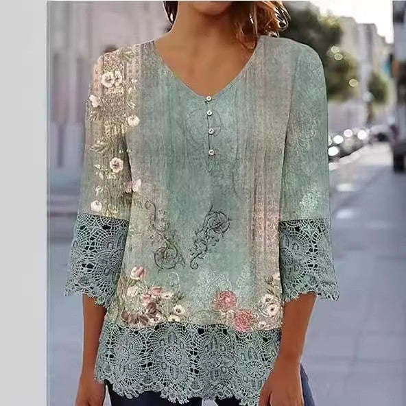 Casual Lace Printed Lace Button Top Nocturna-Pro