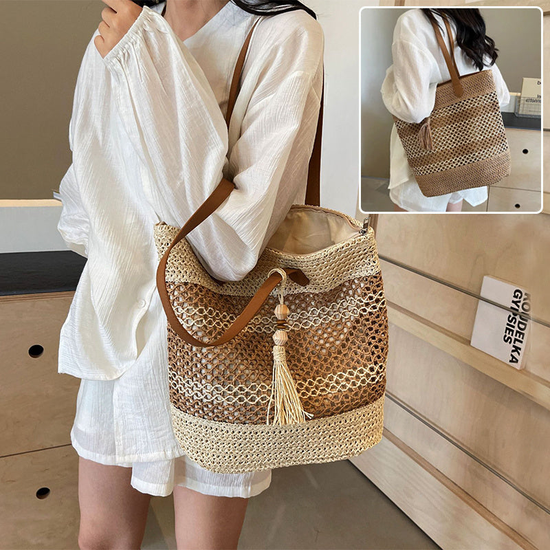 Summer Stripe Straw Sholder Bags With Tassel Pendant Fashion Large Capacity Seaside Vacation Beach Bags Nocturna-Pro