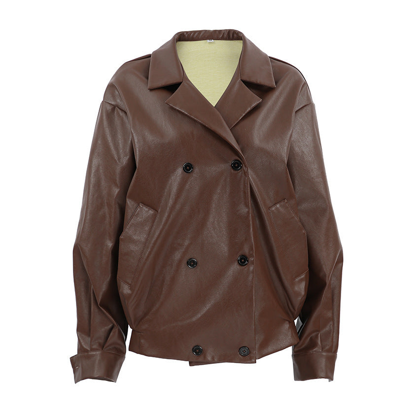 Women's Elegant Suit Collar Loose Leather Coat Nocturna-Pro