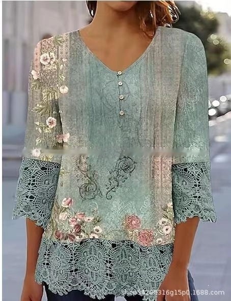 Casual Lace Printed Lace Button Top Nocturna-Pro