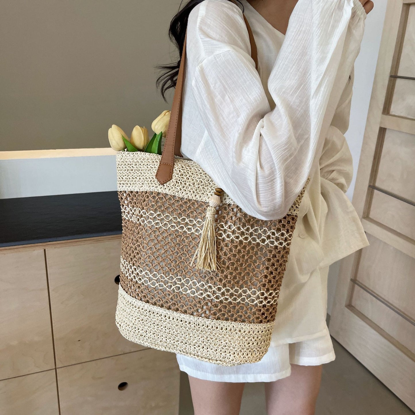 Summer Stripe Straw Sholder Bags With Tassel Pendant Fashion Large Capacity Seaside Vacation Beach Bags Nocturna-Pro