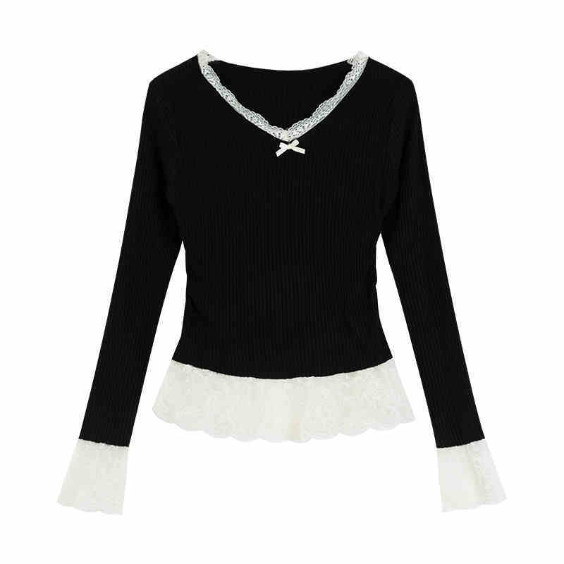Fake Two Pieces V-neck Stitching Lace Lace Knitwear Nocturna-Pro