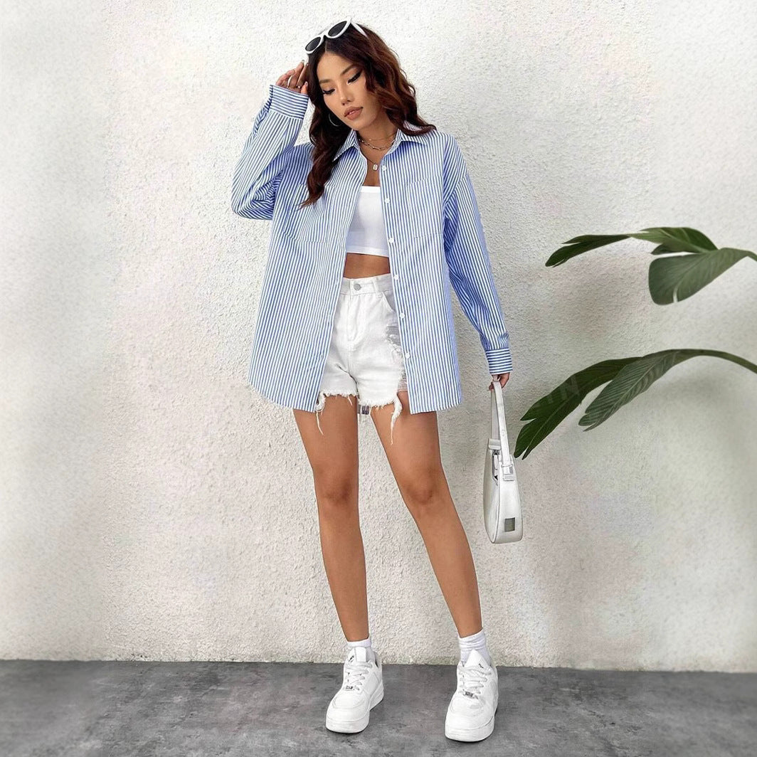 Striped Cardigan Top Loose Casual Long Sleeves Shirt Nocturna-Pro