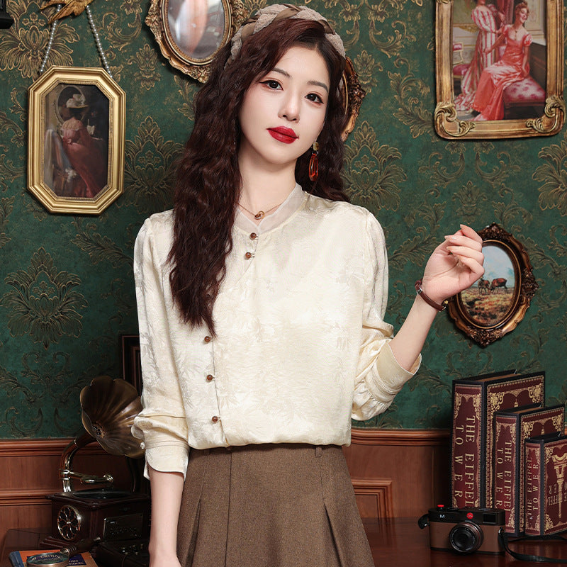 Retro Tang Suit Oblique Placket Long-sleeved Top Nocturna-Pro