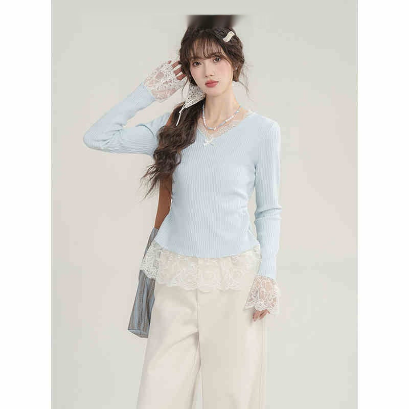 Fake Two Pieces V-neck Stitching Lace Lace Knitwear Nocturna-Pro