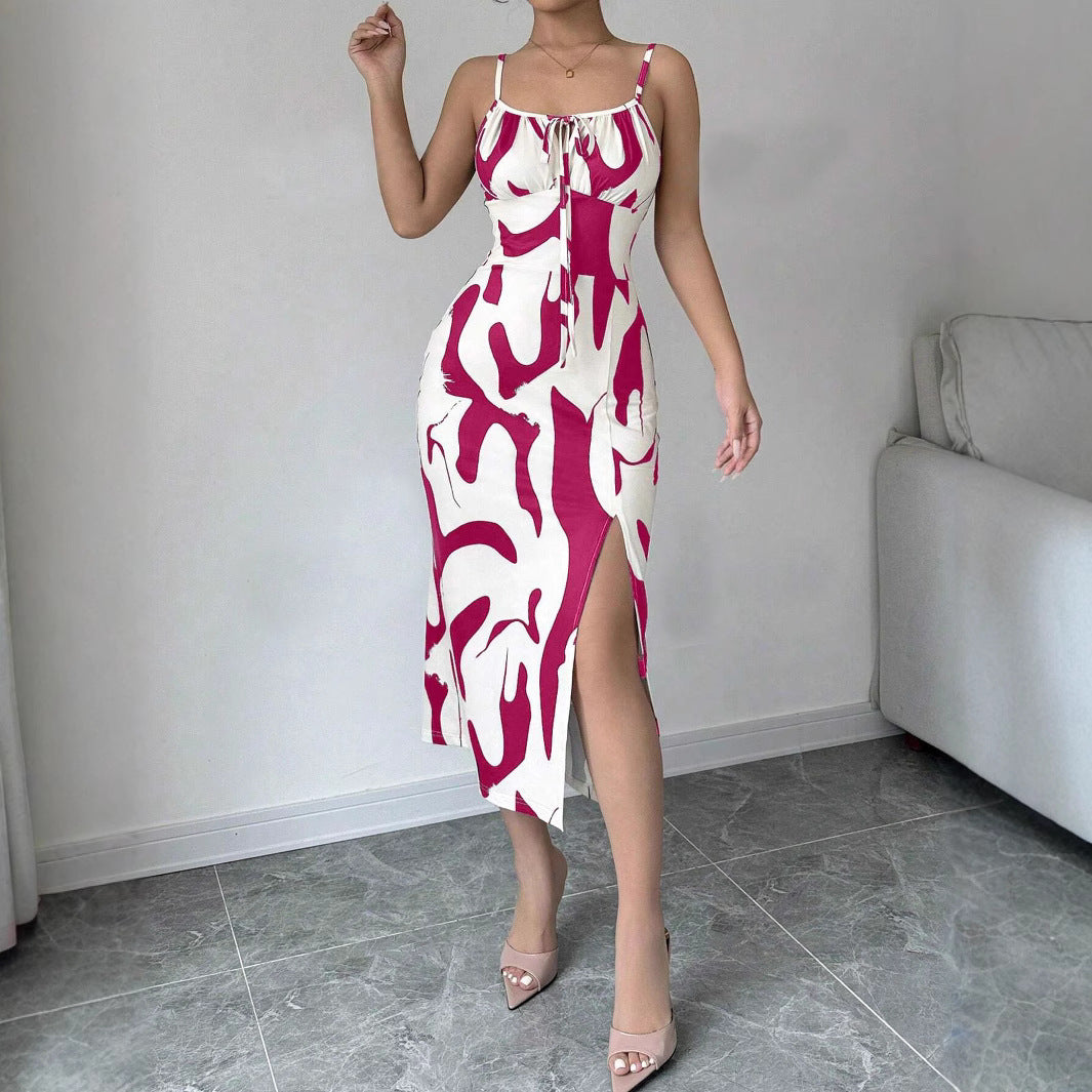 Summer Printed Suspender Split Dress Fashion Slim Lace-up Long Dresses For Women Clothing Nocturna-Pro