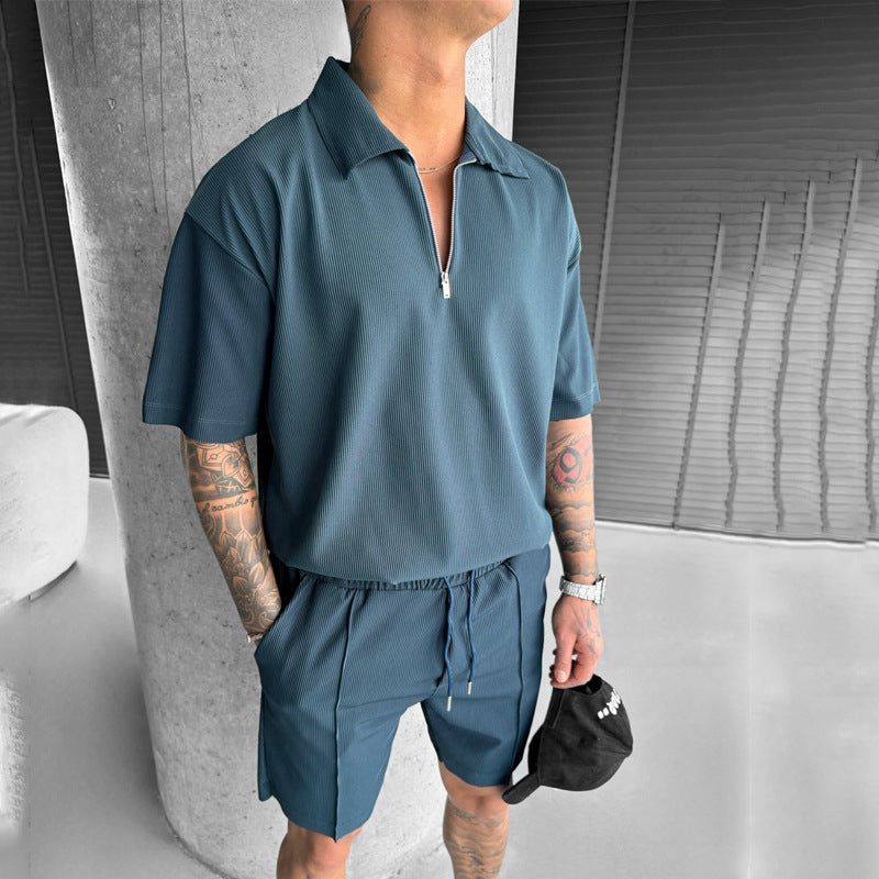 Summer Fashion Mens Clothing  Men's Suits New Zipper Polo Casual Short Sleeve Drawstring Shorts Men's Set Nocturna-Pro