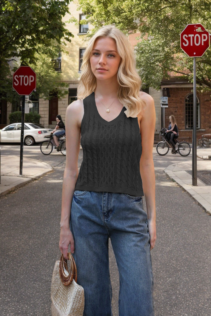 Women's V-neck Tank Vest Fashion Casual Knitted Solid Color Tops Nocturna-Pro