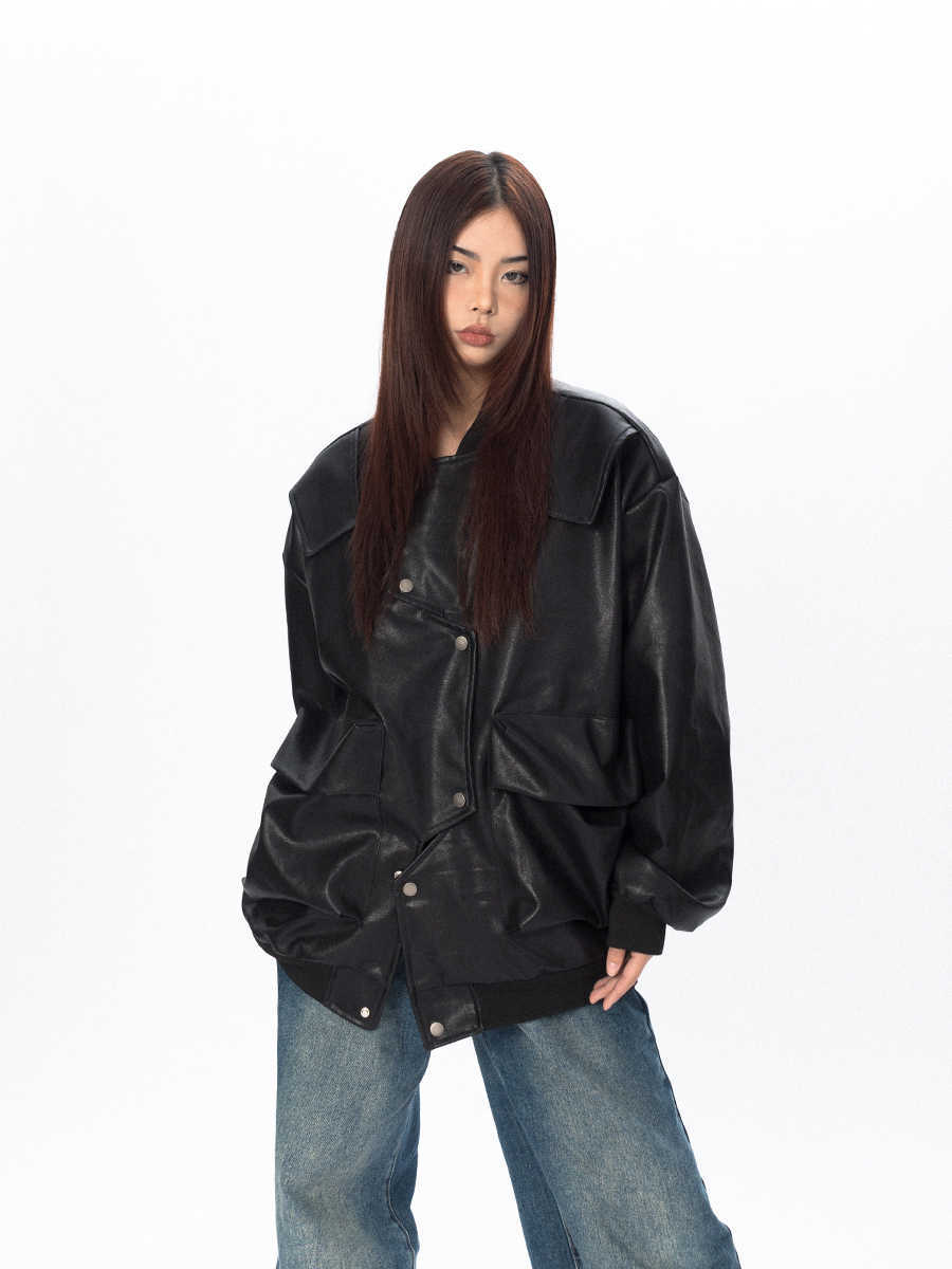 Three-dimensional Pocket Irregular Placket Leather Coat Loose Top Nocturna-Pro