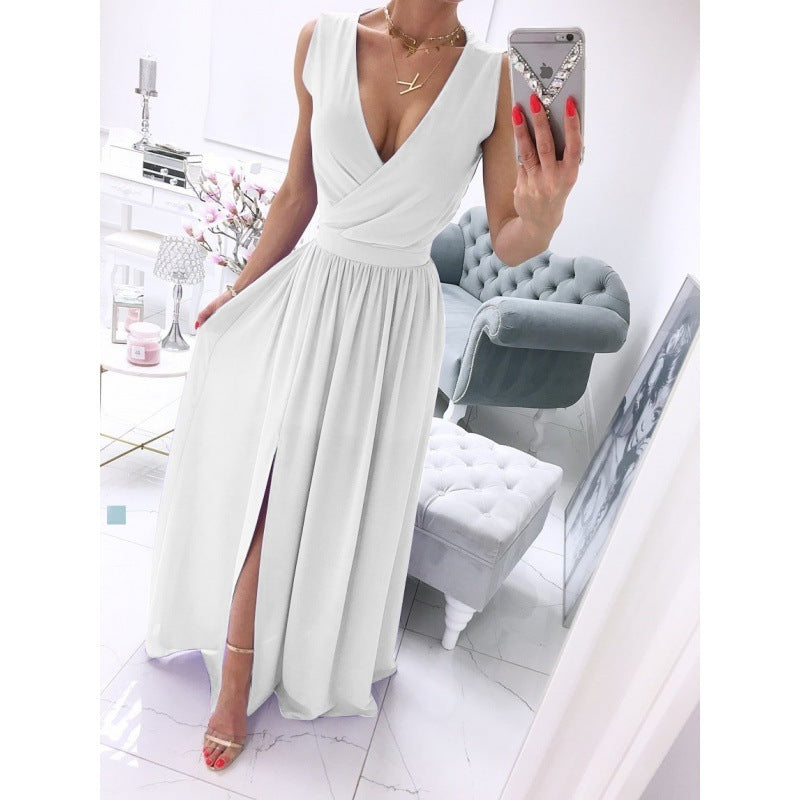 Sleeve Solid Color V-Neck Dress Dress Women's Nocturna-Pro